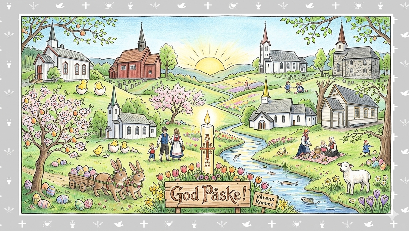 Tegning kirker Innherred påske 